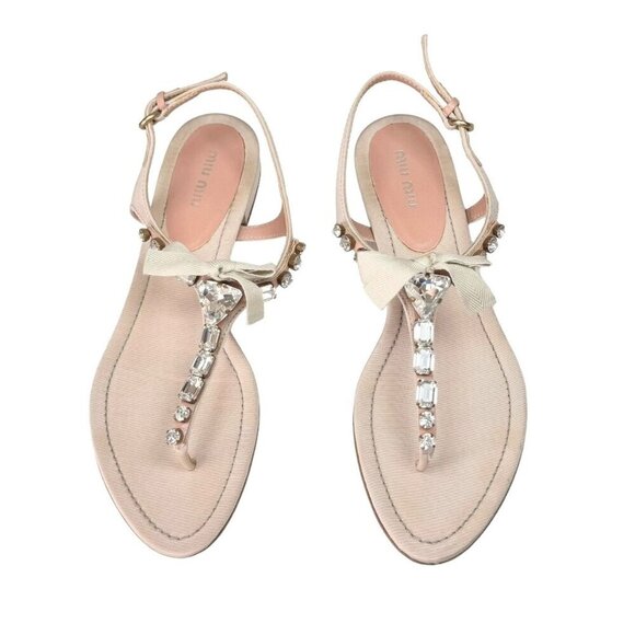 Vintage Miu Miu Sandals Sz.10 Pink Blush Crystal Embellished Bow Flats Designer - Picture 11 of 11